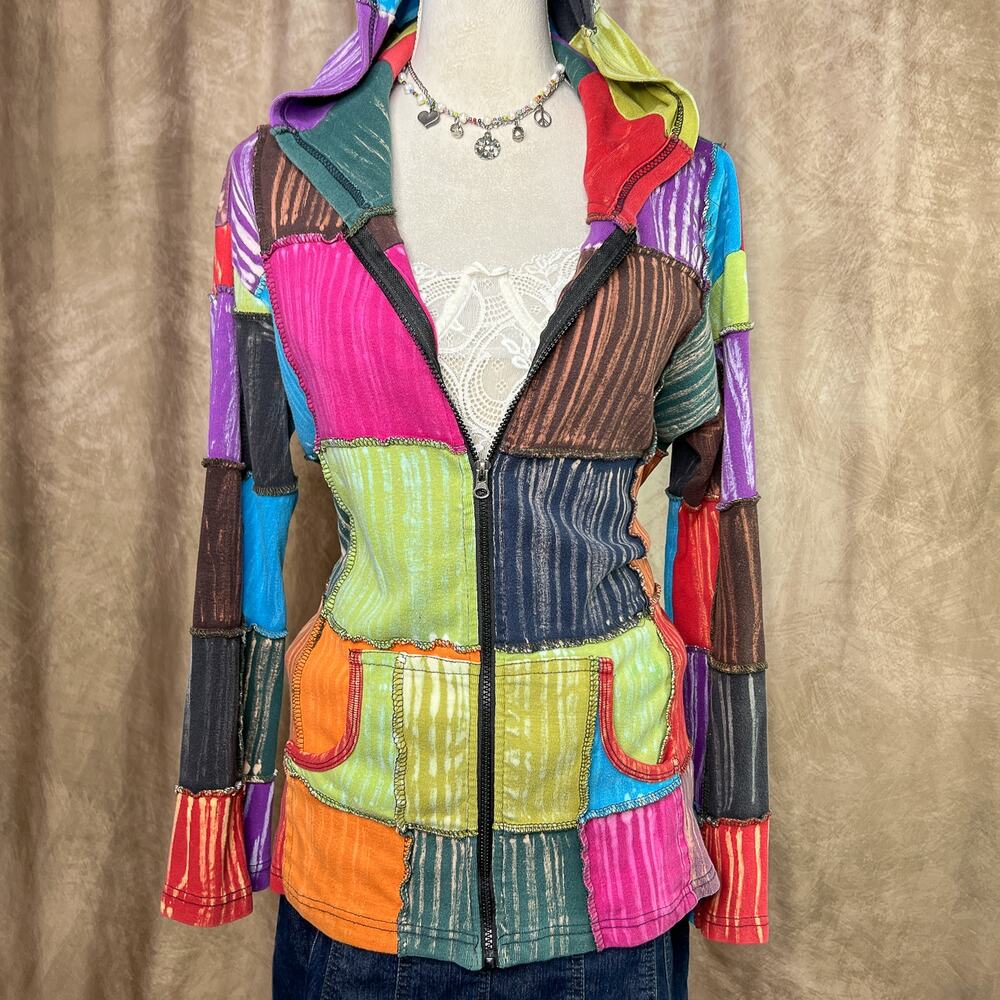 Vintage Y2K Patchwork Hoodie Tie Dye Bleach Drip Zip Up Jacket Multicolor Boho